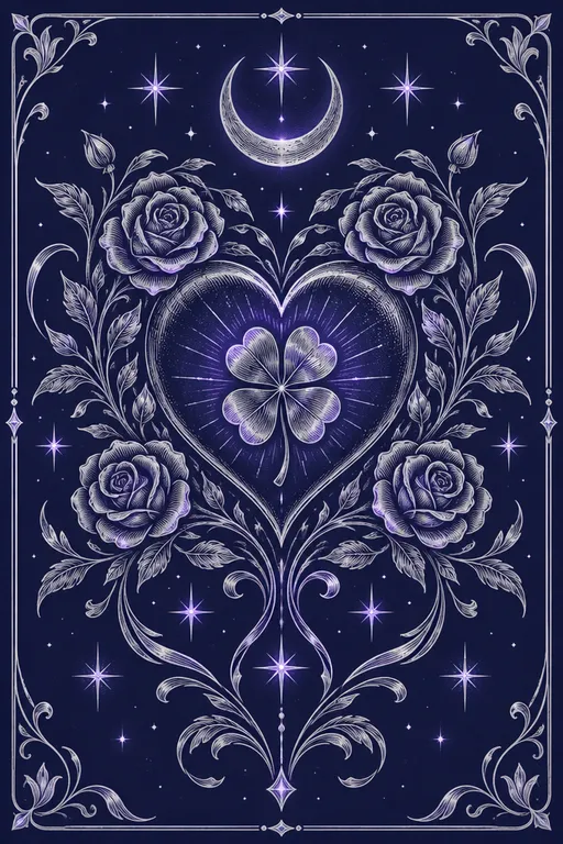 Una carta dell'amore e della fortuna: un cuore tra le rose con un quadrifoglio